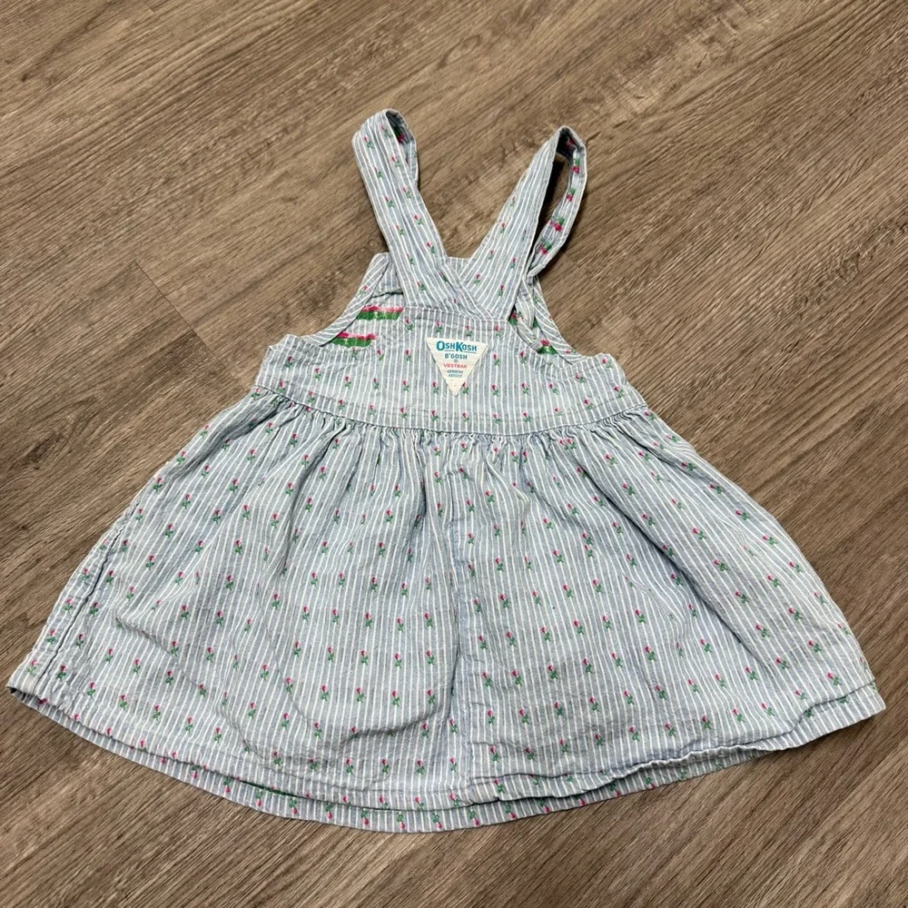 Vintage OshKosh Bgosh Girls 3T Striped‎ Seersucker Floral Jumper Dress Made USA